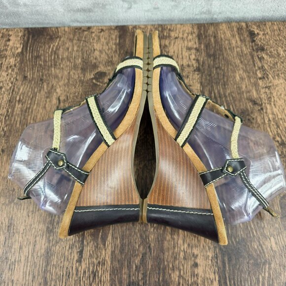 Aerosoles Swish Bone Strappy Wedge Sandals 11 Black Leather Natural Jute Comfort - Picture 9 of 14